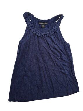 Maria Christina Women’s Sleeveless Navy Blue Ruffled Neck Top Medium Linen Blend